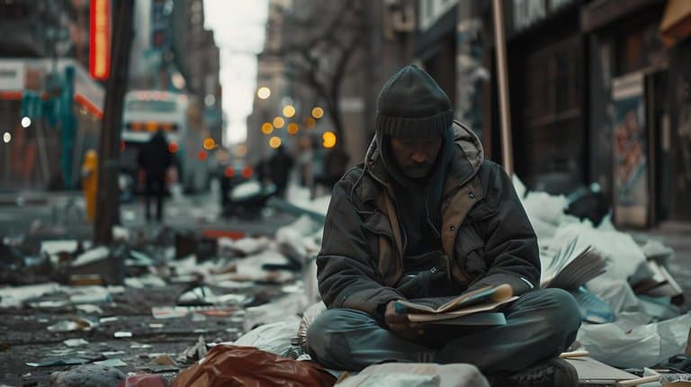 A person experiencing homelessness sits on a debris-strewn street in downtown Los Angeles.